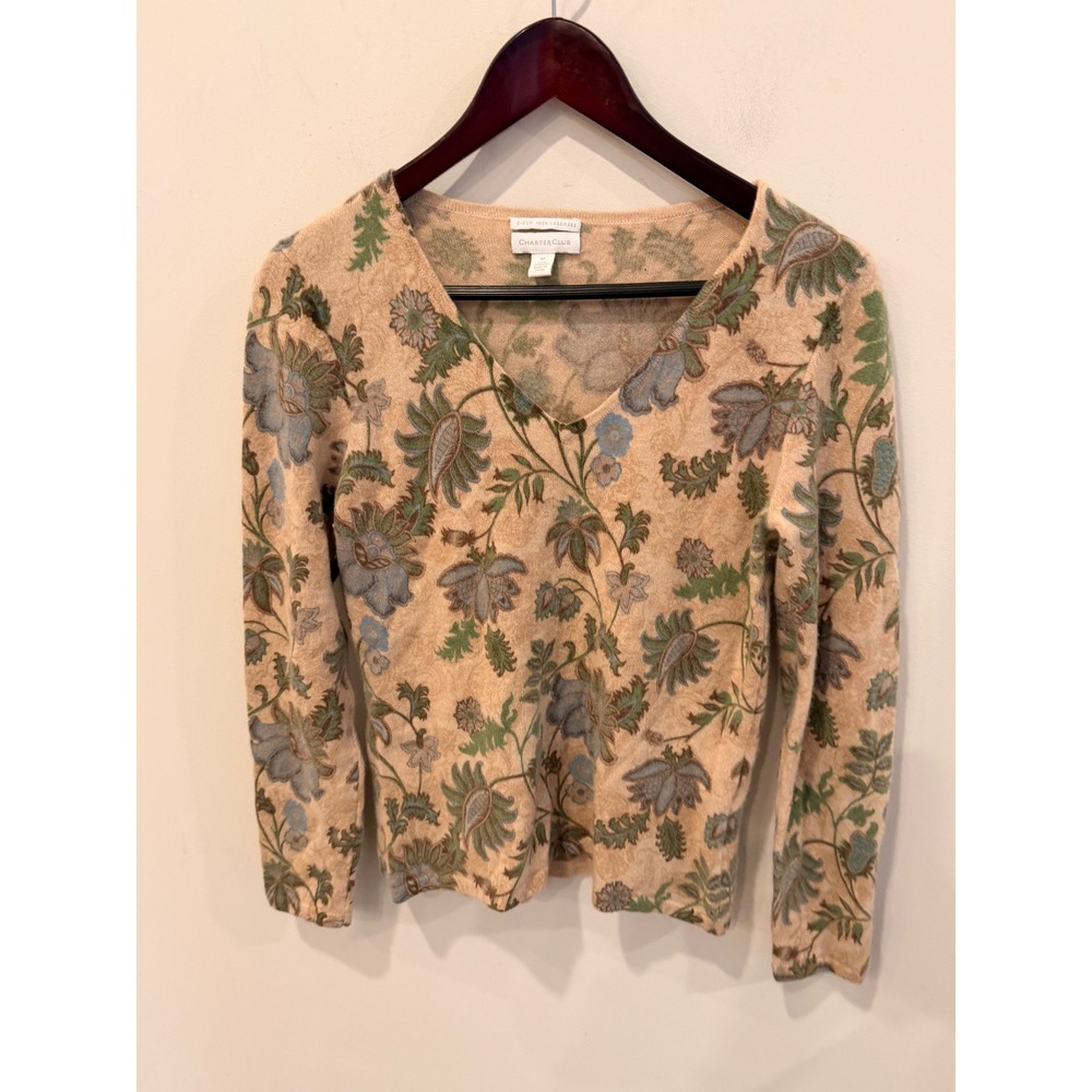 Charter Club Womens M 100% Cashmere Sweater 2 Ply Floral V Neck Botanical Tan
